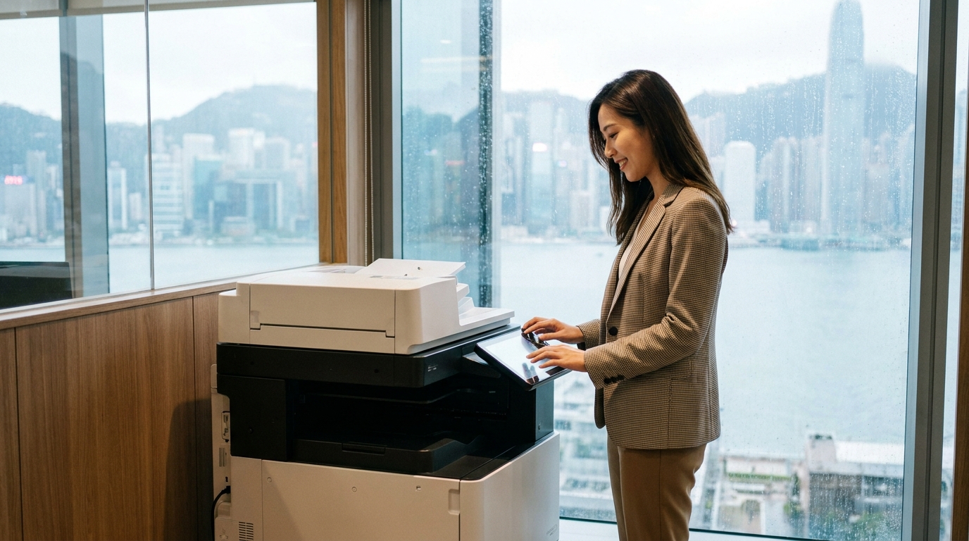 A modern office worker in a sleek Hong Kong office scanning a stack of documents using the bright touchscreen of a large multifunction printer, with a blurred cityscape visible through the window.