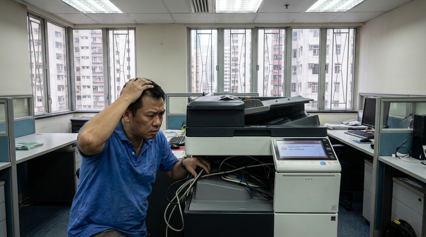 An IT administrator looking frustrated while inspecting the back cables and touchscreen of an office copier in a compact Hong Kong office space.