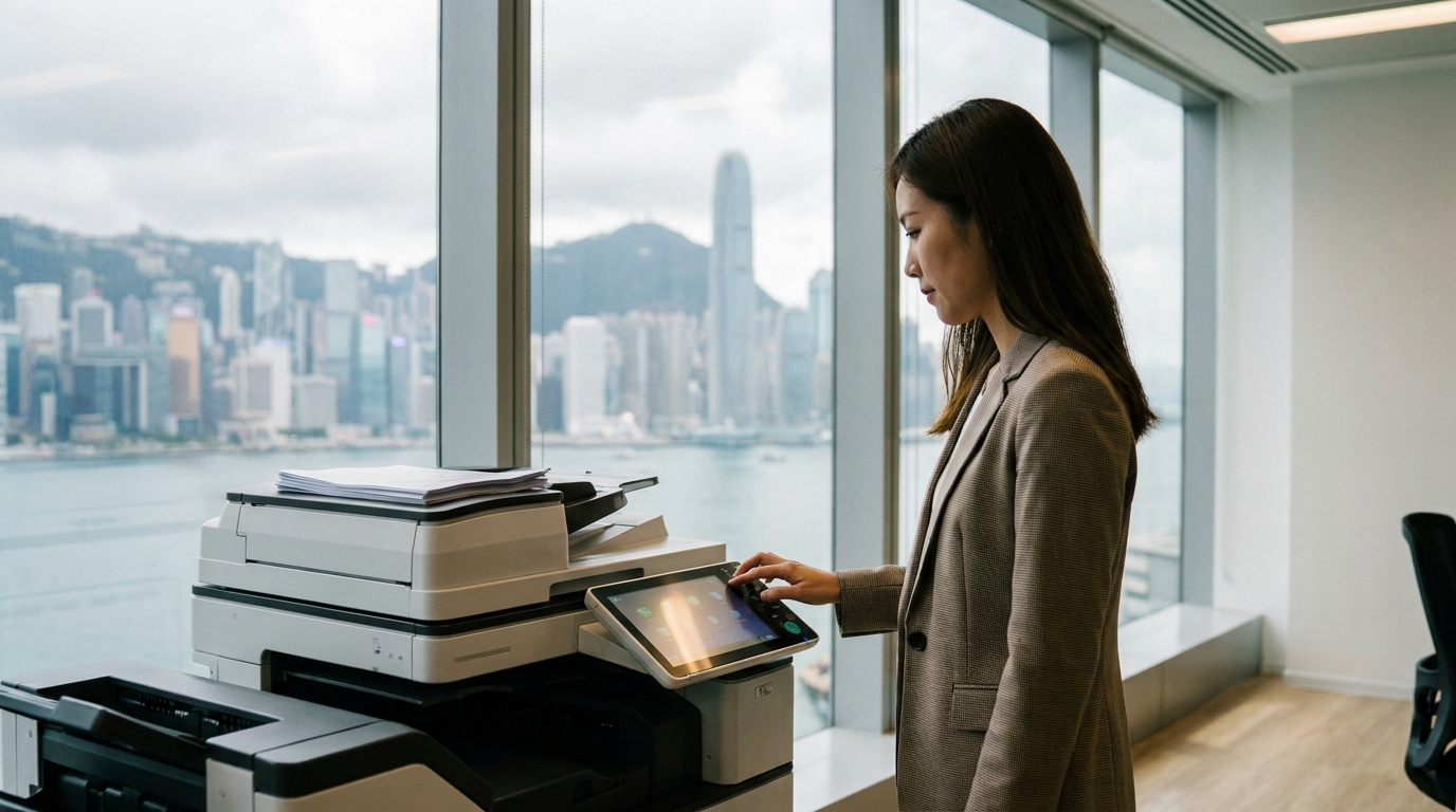 A modern office worker in a sleek Hong Kong office scanning a stack of documents using the bright touchscreen of a large multifunction printer, with a blurred cityscape visible through the window.