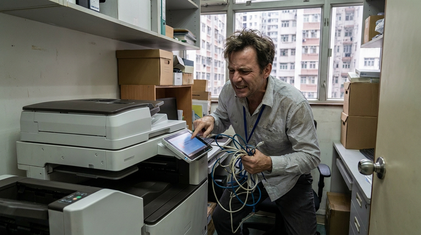 An IT administrator looking frustrated while inspecting the back cables and touchscreen of an office copier in a compact Hong Kong office space.