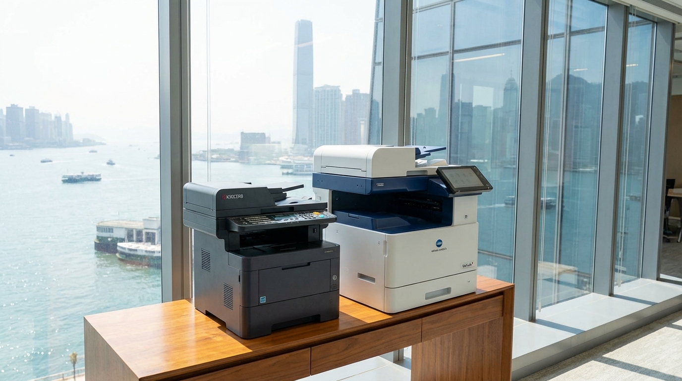 A modern, compact Kyocera multifunction printer and a sleek Konica Minolta bizhub copier placed side-by-side in a brightly lit, contemporary Hong Kong office setting with Victoria Harbour subtly visible through the window