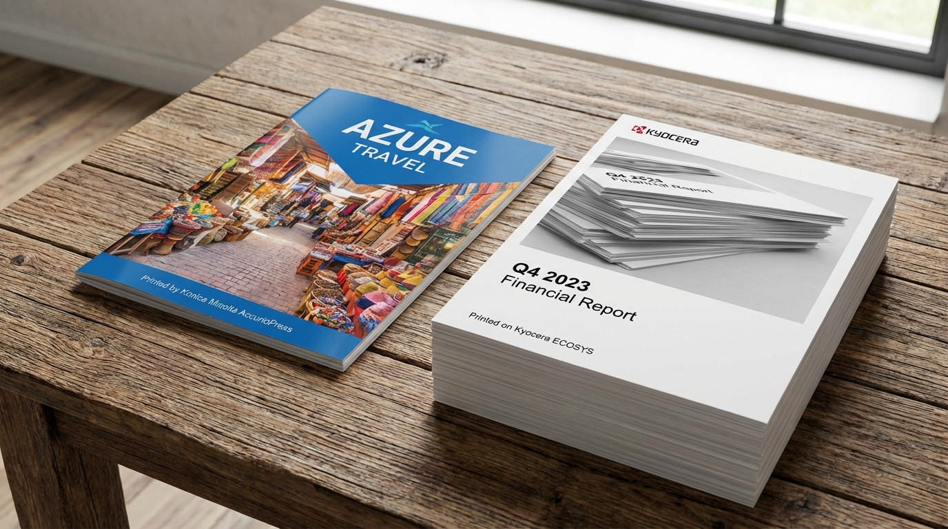 A close-up of a high-quality, vibrant color brochure printed by a Konica Minolta copier lying next to a thick stack of crisp, black-and-white financial reports printed by a Kyocera machine on a wooden desk