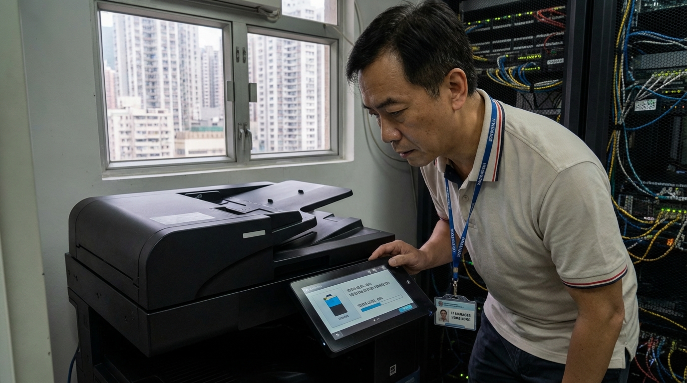 A Hong Kong IT manager in a compact office server room inspecting the sleek touchscreen interface of a modern multifunction printer, checking toner levels and network settings