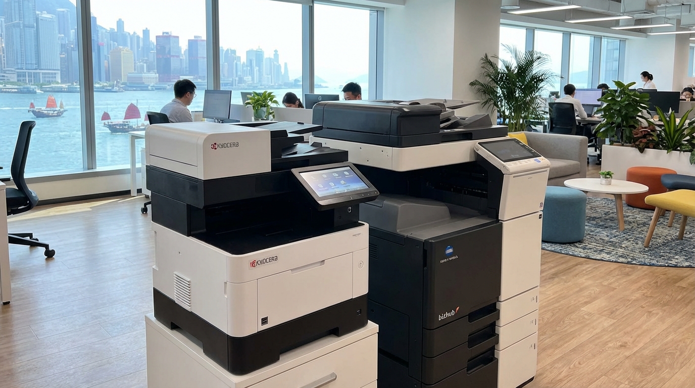 A modern, compact Kyocera multifunction printer and a sleek Konica Minolta bizhub copier placed side-by-side in a brightly lit, contemporary Hong Kong office setting with Victoria Harbour subtly visible through the window