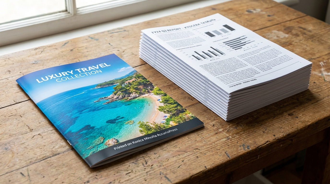 A close-up of a high-quality, vibrant color brochure printed by a Konica Minolta copier lying next to a thick stack of crisp, black-and-white financial reports printed by a Kyocera machine on a wooden desk