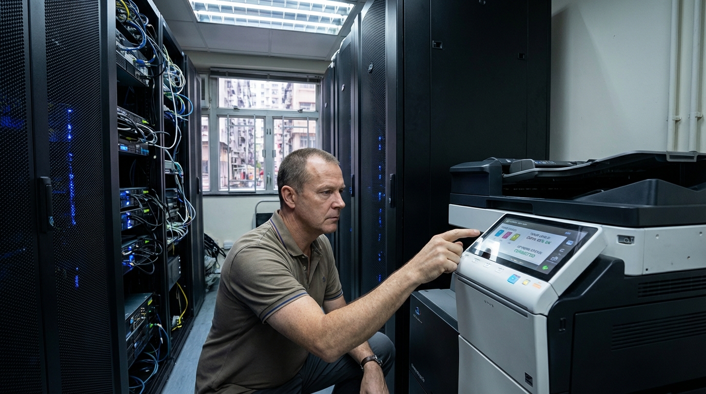 A Hong Kong IT manager in a compact office server room inspecting the sleek touchscreen interface of a modern multifunction printer, checking toner levels and network settings