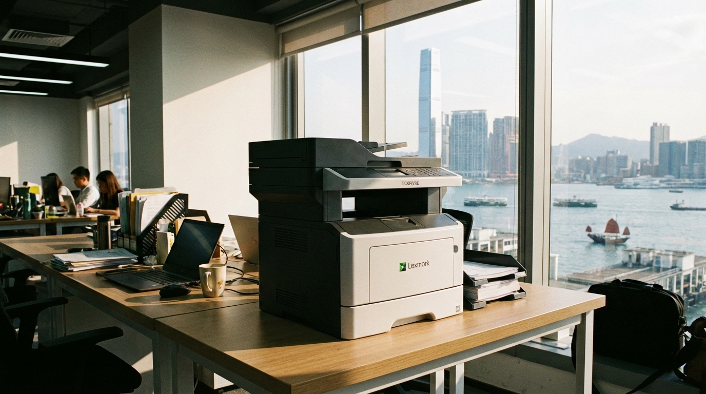 A sleek Lexmark A4 multifunction printer sitting on a compact desk in a modern Hong Kong SME office, with the Victoria Harbour skyline visible through the window behind it
