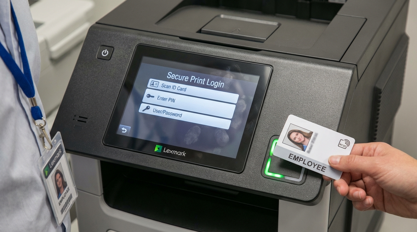 A close-up of a Lexmark printer's touchscreen interface displaying secure print login options, with an employee's hand holding an RFID card near the card reader