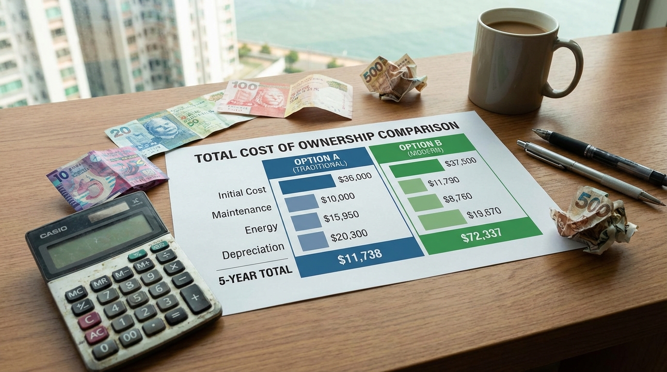 A side-by-side comparison chart graphic on a desk showing total cost of ownership, with a calculator and some Hong Kong dollar bills scattered around