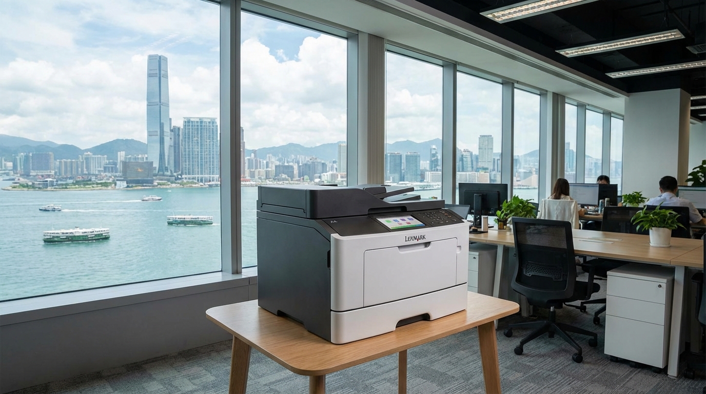 A sleek Lexmark A4 multifunction printer sitting on a compact desk in a modern Hong Kong SME office, with the Victoria Harbour skyline visible through the window behind it