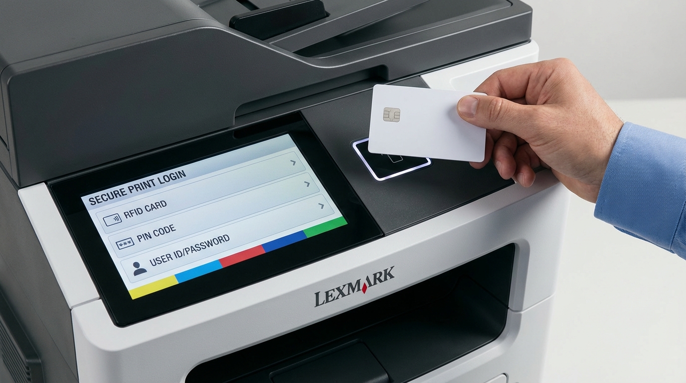 A close-up of a Lexmark printer's touchscreen interface displaying secure print login options, with an employee's hand holding an RFID card near the card reader