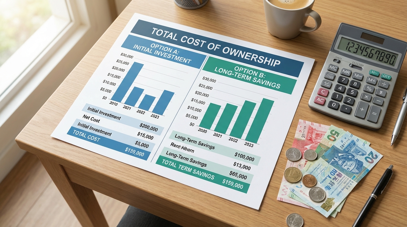 A side-by-side comparison chart graphic on a desk showing total cost of ownership, with a calculator and some Hong Kong dollar bills scattered around