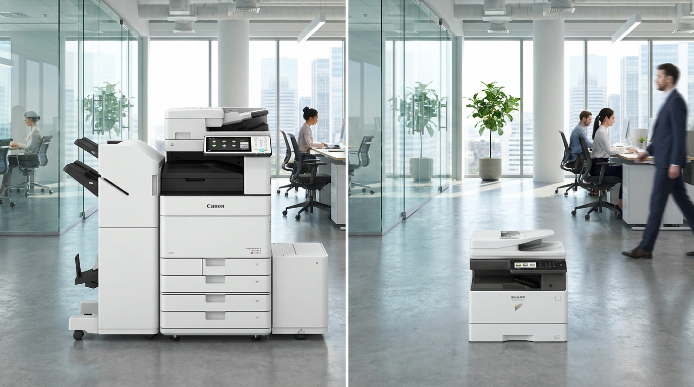 A side-by-side visual comparison of a premium Canon multifunction A3 copier and a compact Sharp office printer in a bright, modern corporate office setting