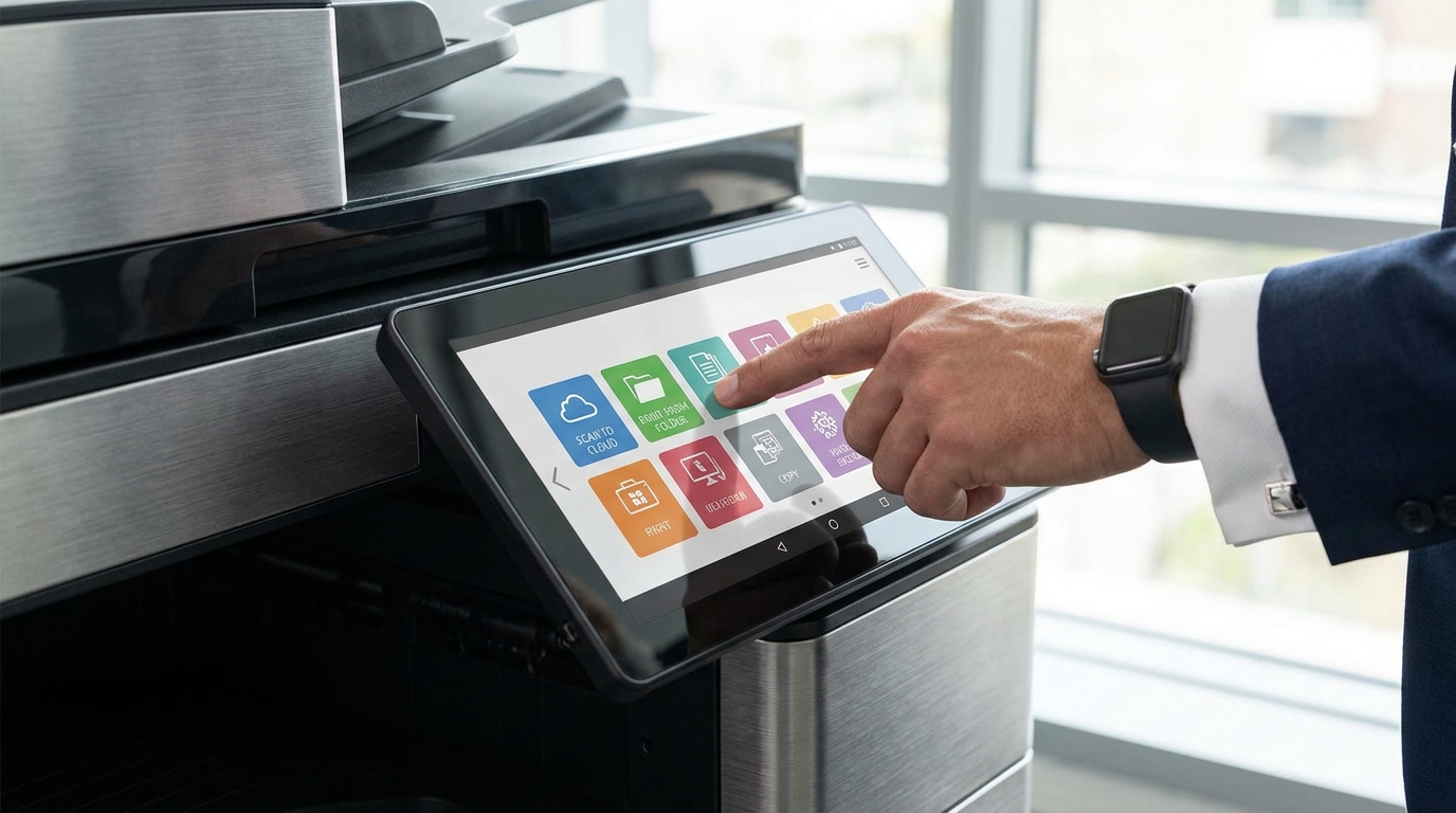 Close-up of a business professional's hand operating a large, tablet-like touchscreen interface on a modern office copier, showing colorful app icons for scanning and printing