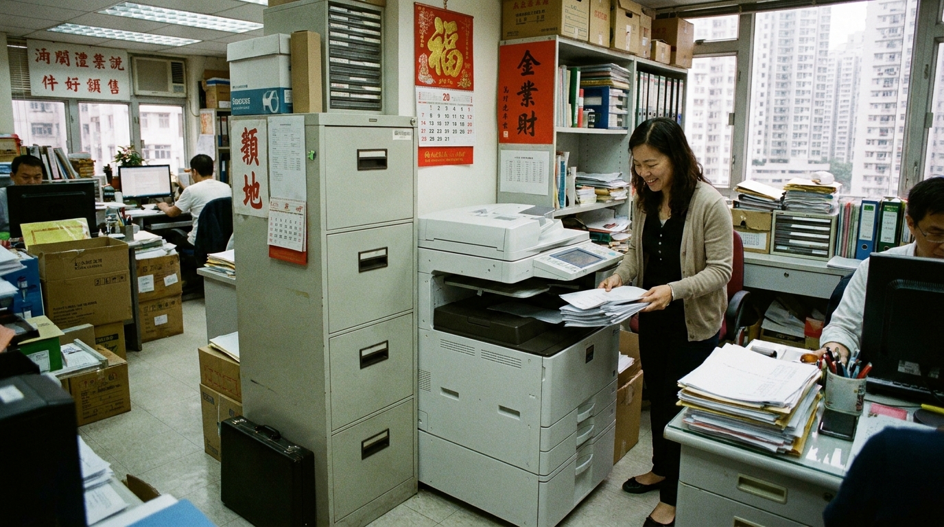 A cramped but organized Hong Kong SME office space showing a space-saving floor-standing copier tucked neatly into a corner next to a filing cabinet, with a worker collecting printed documents