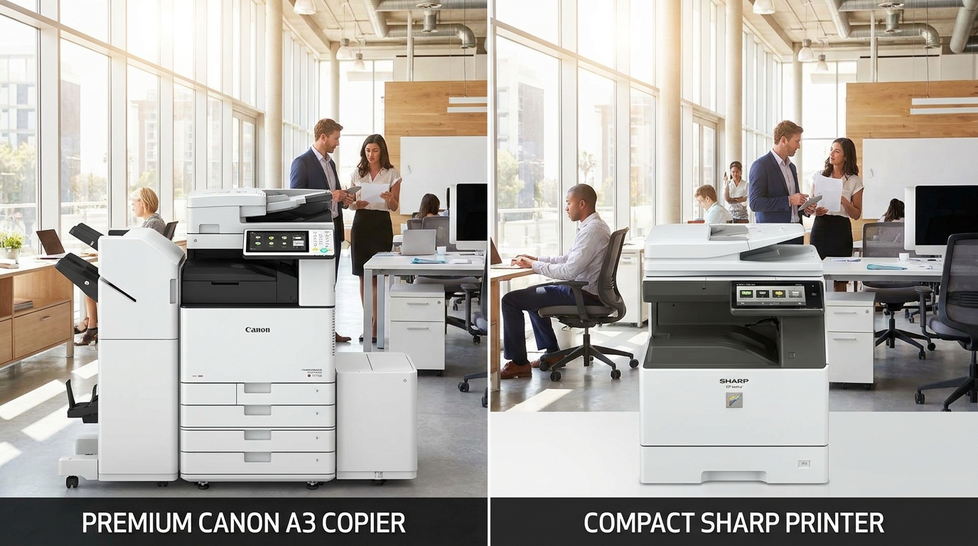 A side-by-side visual comparison of a premium Canon multifunction A3 copier and a compact Sharp office printer in a bright, modern corporate office setting