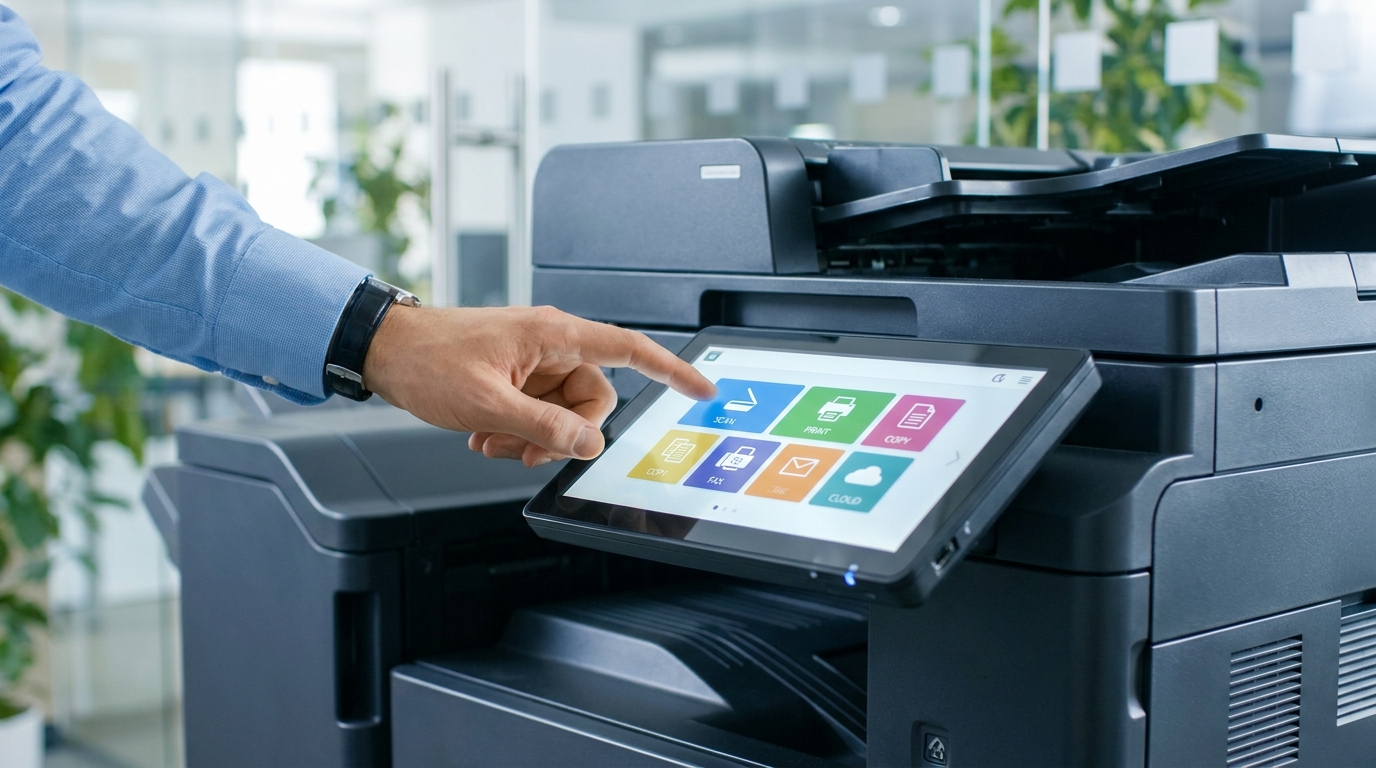 Close-up of a business professional's hand operating a large, tablet-like touchscreen interface on a modern office copier, showing colorful app icons for scanning and printing