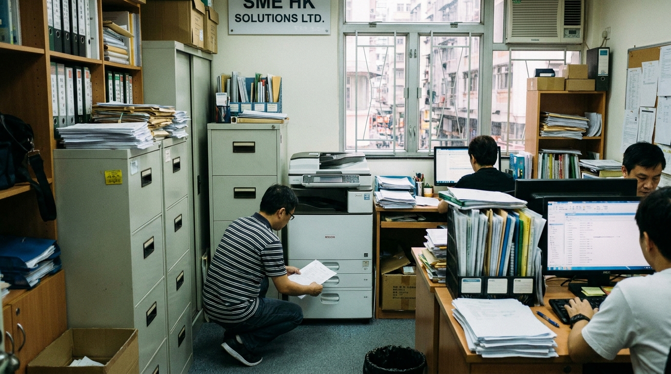 A cramped but organized Hong Kong SME office space showing a space-saving floor-standing copier tucked neatly into a corner next to a filing cabinet, with a worker collecting printed documents