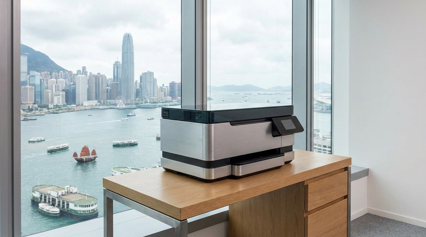 A sleek, modern business inkjet multifunction printer sitting on a compact desk in a high-rise Hong Kong office, with Victoria Harbour visible through the window in the background