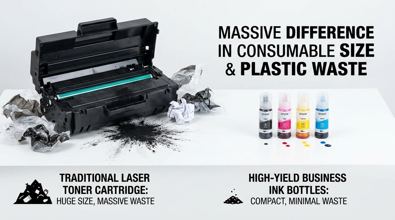 A side-by-side visual comparison on a white desk showing a bulky, traditional laser toner cartridge next to a set of high-yield business ink bottles, highlighting the massive difference in consumable size and plastic waste