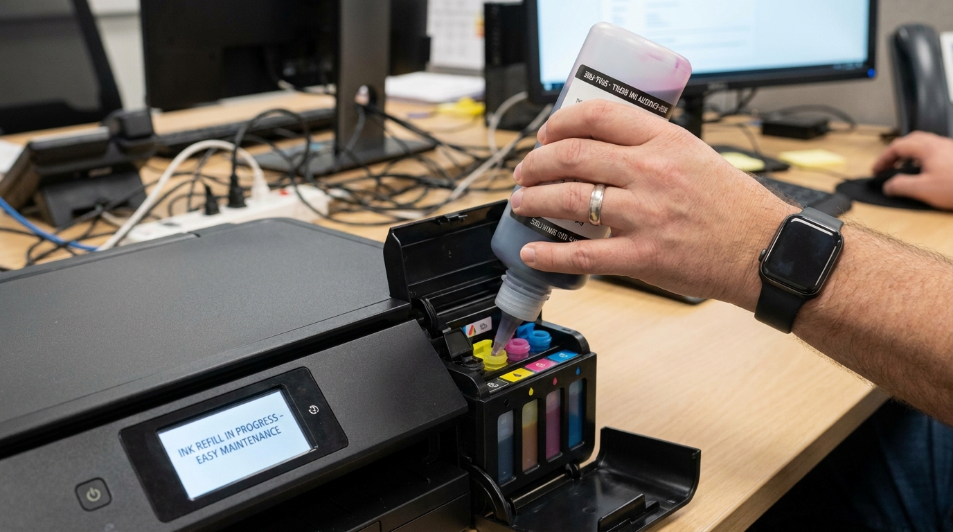 A close-up of an IT manager's hand refilling a business inkjet printer using a spill-free, high-capacity ink bottle, showing the simplicity of the maintenance process