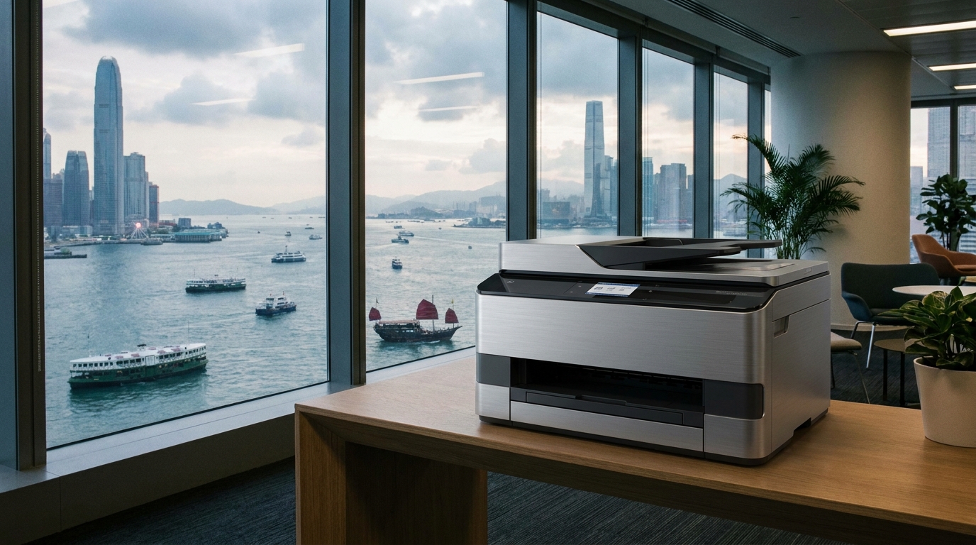 A sleek, modern business inkjet multifunction printer sitting on a compact desk in a high-rise Hong Kong office, with Victoria Harbour visible through the window in the background