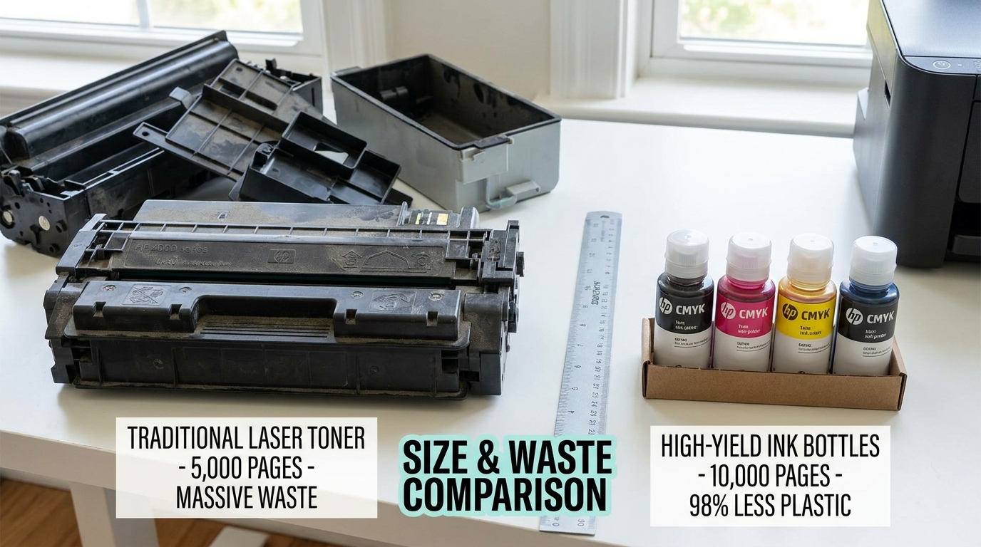 A side-by-side visual comparison on a white desk showing a bulky, traditional laser toner cartridge next to a set of high-yield business ink bottles, highlighting the massive difference in consumable size and plastic waste