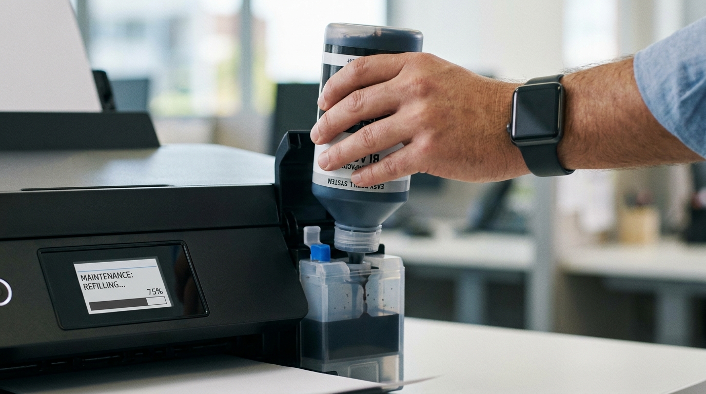 A close-up of an IT manager's hand refilling a business inkjet printer using a spill-free, high-capacity ink bottle, showing the simplicity of the maintenance process