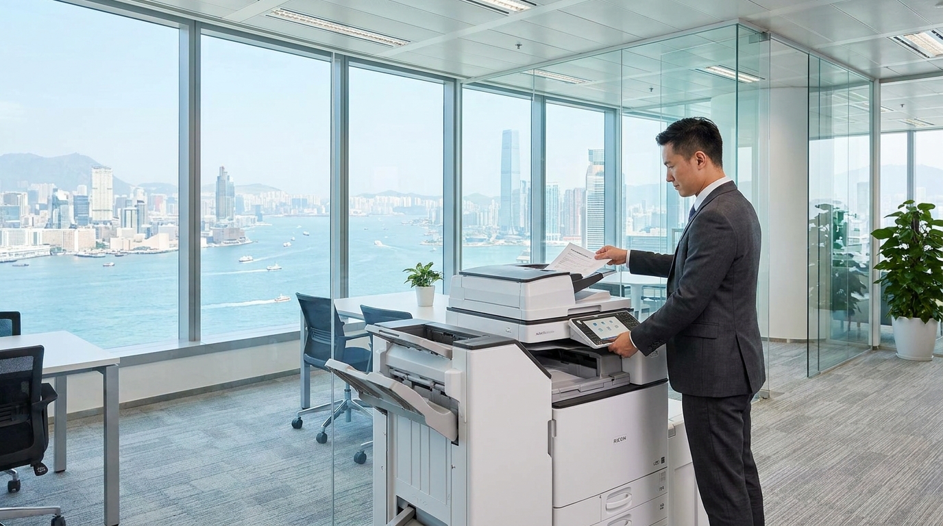A bright, modern Hong Kong office with a panoramic view of Victoria Harbour through the window, featuring a sleek, modern A3 multifunction copier in the foreground being used by a professional in a suit