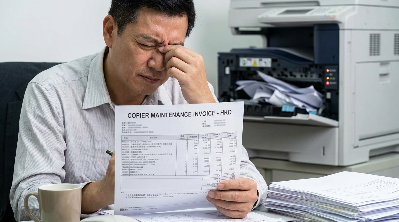 A close up of a frustrated office worker looking at a complex copier maintenance bill in Hong Kong dollars, with an open, jammed laser printer in the blurred background