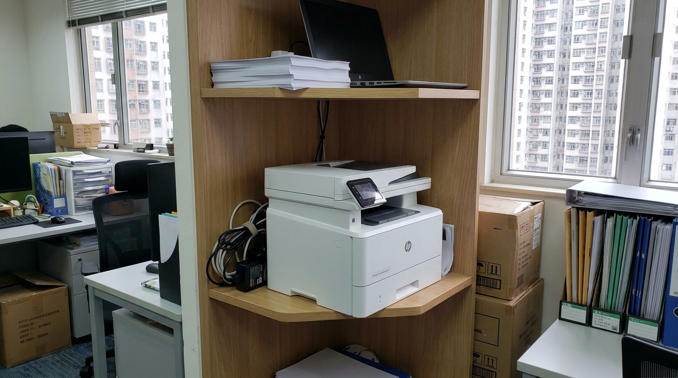 A compact multifunction printer neatly fitted into a tight, space-saving corner of a small Hong Kong startup office, demonstrating efficient use of limited floor space