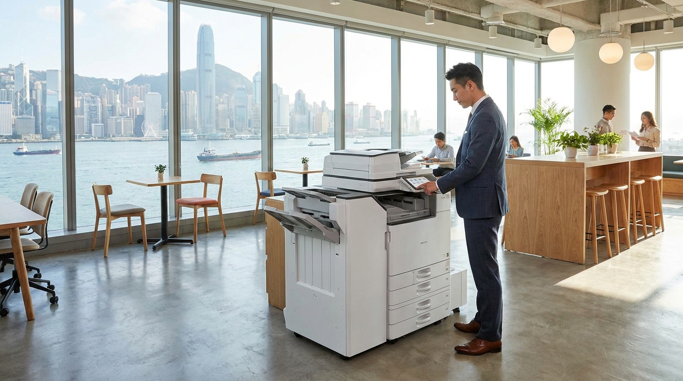 A bright, modern Hong Kong office with a panoramic view of Victoria Harbour through the window, featuring a sleek, modern A3 multifunction copier in the foreground being used by a professional in a suit