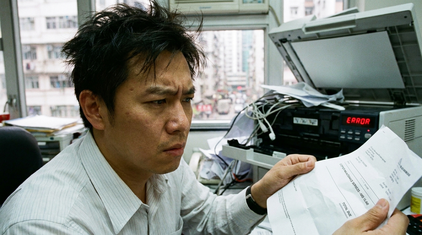 A close up of a frustrated office worker looking at a complex copier maintenance bill in Hong Kong dollars, with an open, jammed laser printer in the blurred background
