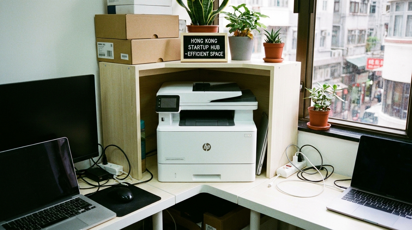 A compact multifunction printer neatly fitted into a tight, space-saving corner of a small Hong Kong startup office, demonstrating efficient use of limited floor space
