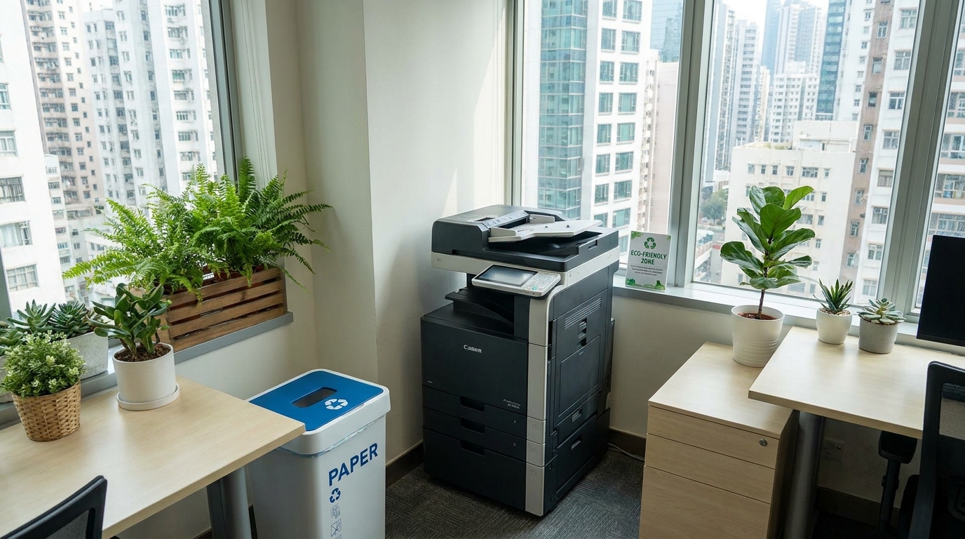 A sleek, modern multifunction copier in a well-lit, compact Hong Kong office with green plants around it, highlighting an eco-friendly workspace