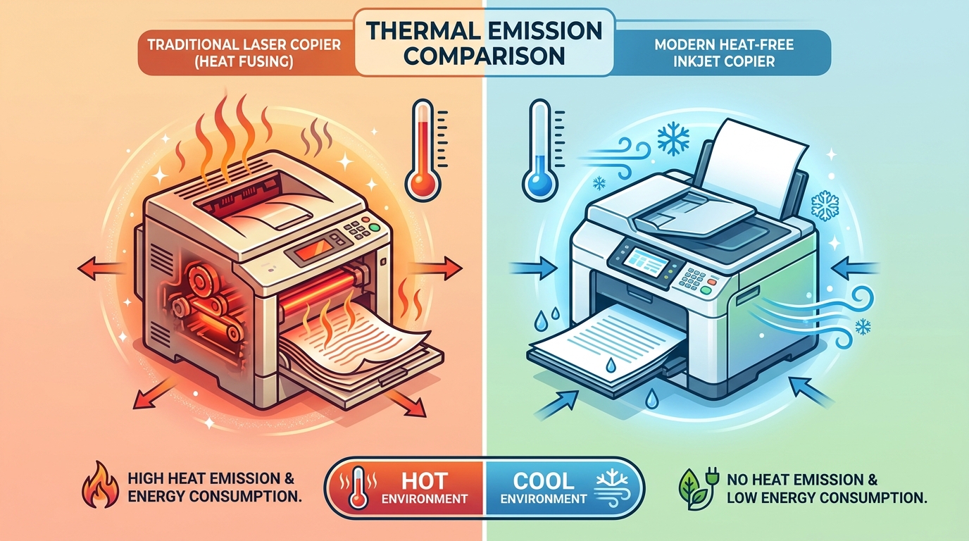 A side-by-side infographic style visual showing a traditional laser copier emitting heat waves versus a modern heat-free inkjet copier staying cool