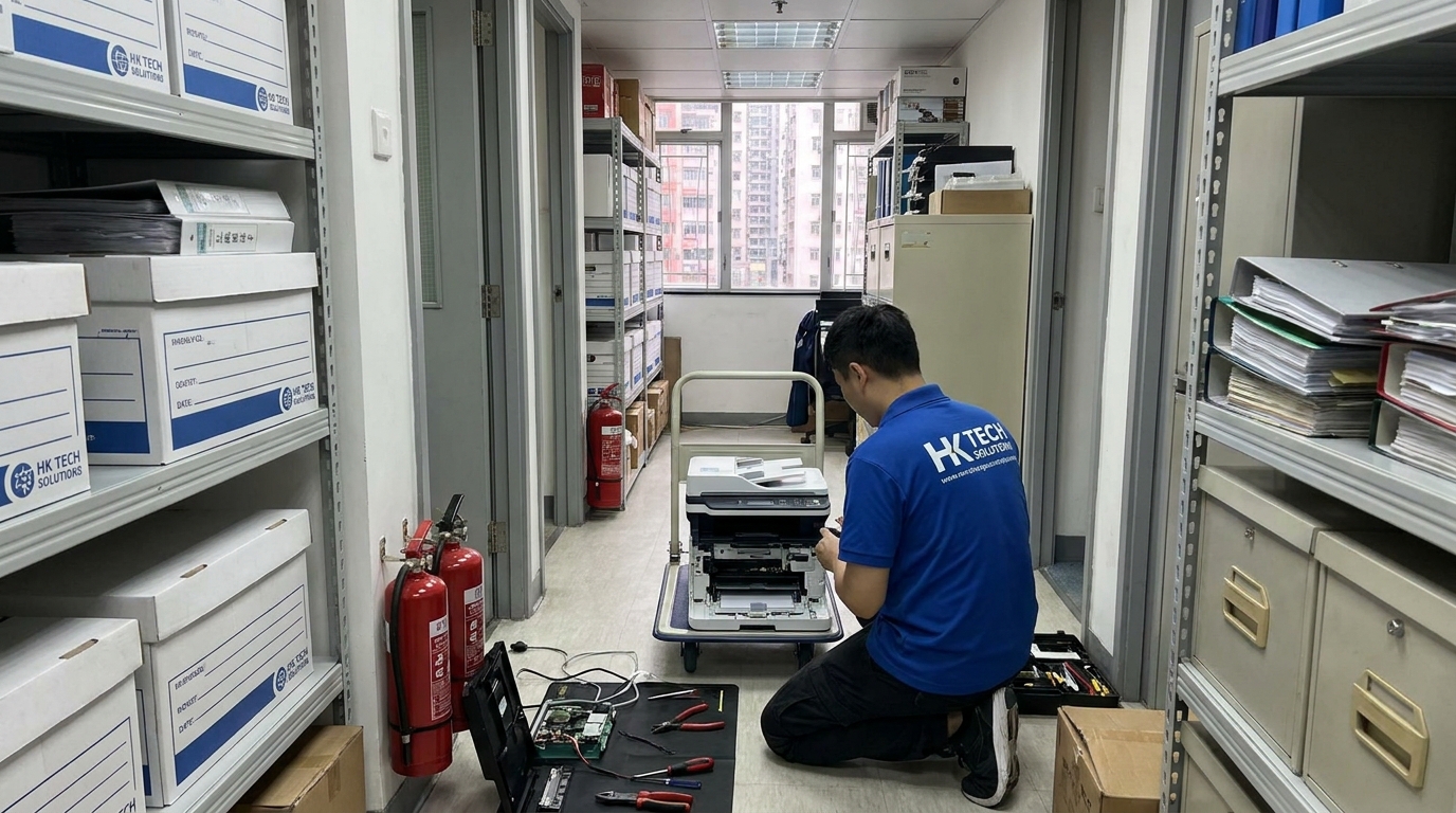 A technician servicing a compact multifunction printer in a narrow Hong Kong office corridor, illustrating space constraints and professional maintenance