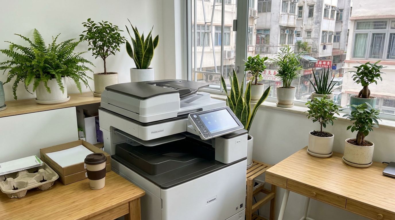 A sleek, modern multifunction copier in a well-lit, compact Hong Kong office with green plants around it, highlighting an eco-friendly workspace