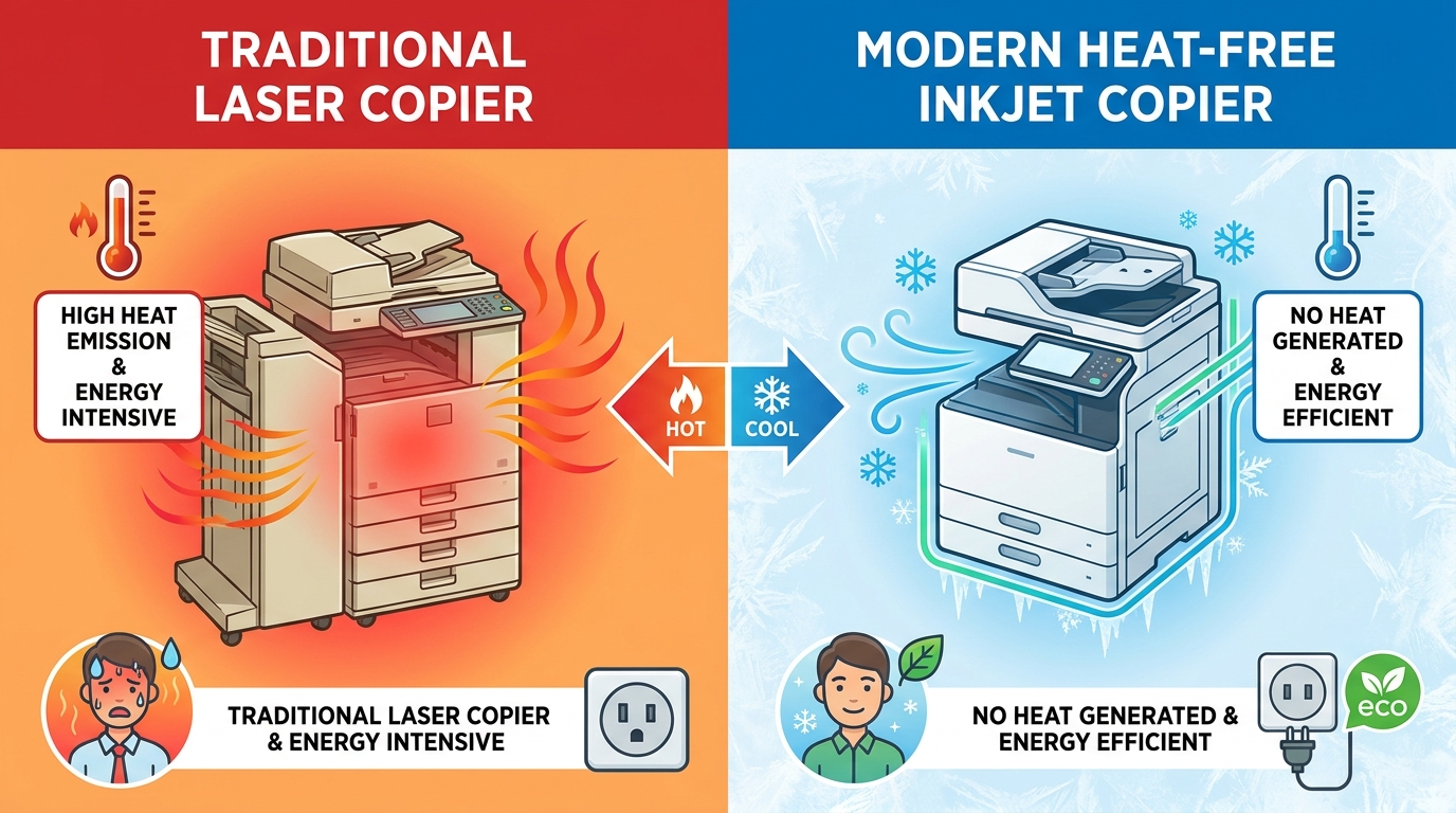 A side-by-side infographic style visual showing a traditional laser copier emitting heat waves versus a modern heat-free inkjet copier staying cool