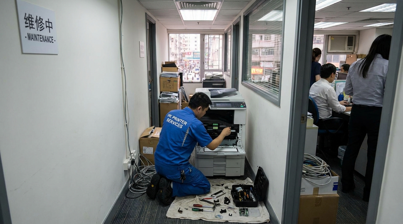 A technician servicing a compact multifunction printer in a narrow Hong Kong office corridor, illustrating space constraints and professional maintenance