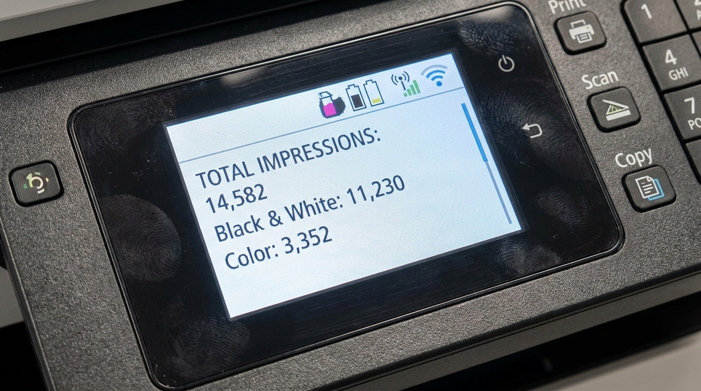 A close-up of a multifunction printer control panel showing a digital counter display with "Total Impressions" and a breakdown of Black & White versus Color print counts.