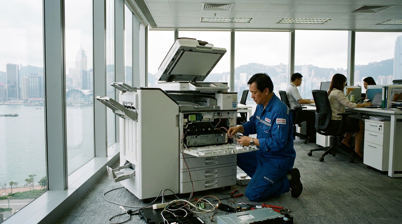 A professional technician in a uniform repairing an open, floor-standing A3 office copier in a modern Hong Kong office with a view of Victoria Harbour in the background.