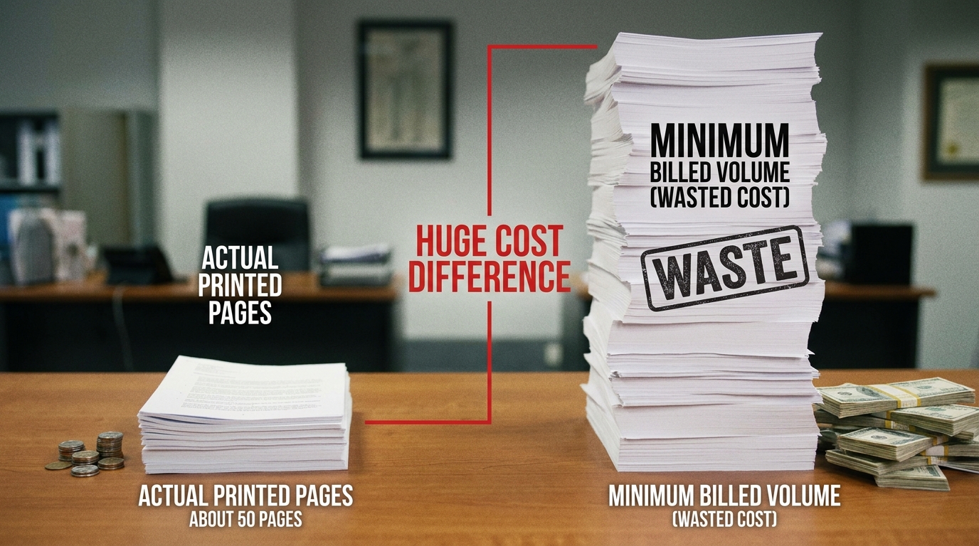 A side-by-side visual comparison showing two stacks of paper. On the left, a small stack representing actual pages printed. On the right, a much taller stack representing the minimum billed volume, highlighting the wasted cost.