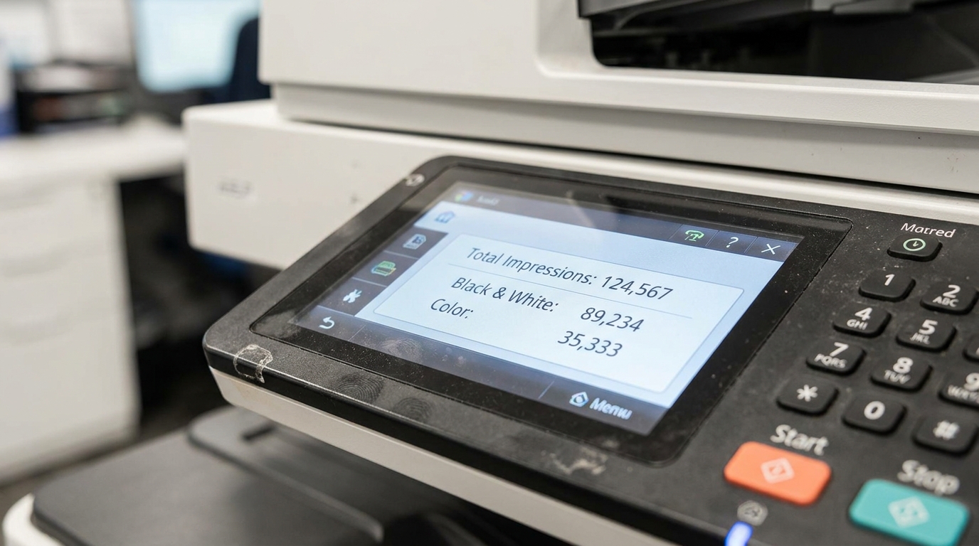 A close-up of a multifunction printer control panel showing a digital counter display with "Total Impressions" and a breakdown of Black & White versus Color print counts.