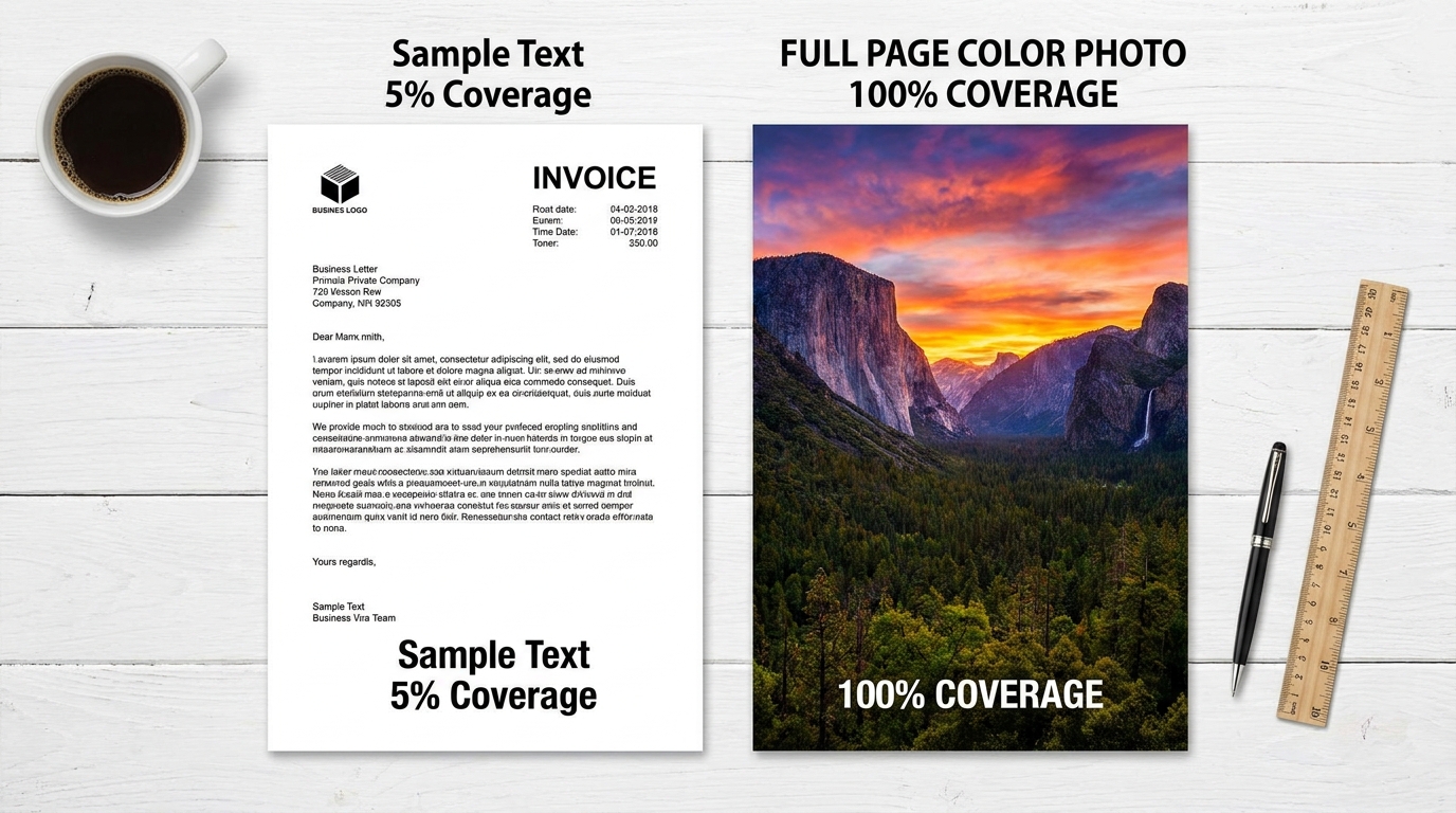 A side-by-side visual comparison showing a standard text document representing 5% toner coverage on the left, and a vibrant, full-page color photograph representing 100% coverage on the right, resting on a white desk