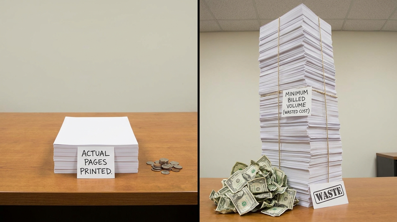 A side-by-side visual comparison showing two stacks of paper. On the left, a small stack representing actual pages printed. On the right, a much taller stack representing the minimum billed volume, highlighting the wasted cost.