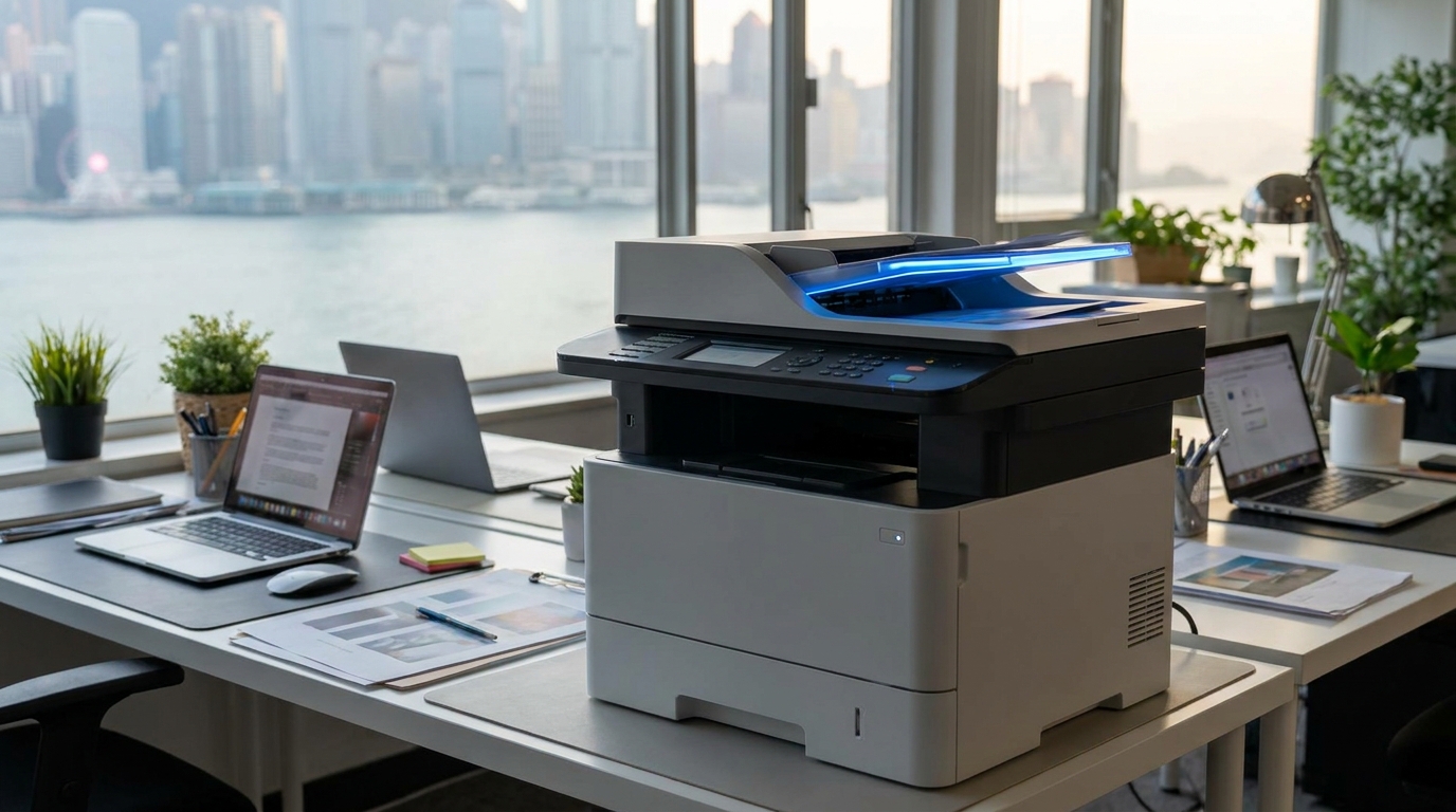 A sleek, modern multifunction printer in a compact Hong Kong office setting, highlighting the top document feeder with a glowing blue light indicating fast scanning, with a blurred background of Victoria Harbour out the window