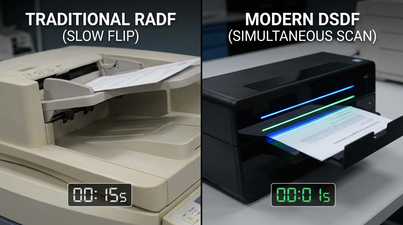 A side-by-side visual comparison showing a slow traditional reversing document feeder (RADF) flipping a page on the left, and a modern dual-scan document feeder (DSDF) scanning both sides of a document simultaneously with glowing laser lines on the right
