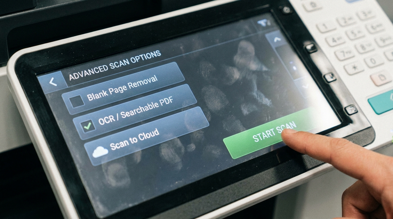 A close-up of a multifunction printer touchscreen interface showing advanced scanning options like 'Blank Page Removal', 'OCR / Searchable PDF', and 'Scan to Cloud', with a finger about to press the start button