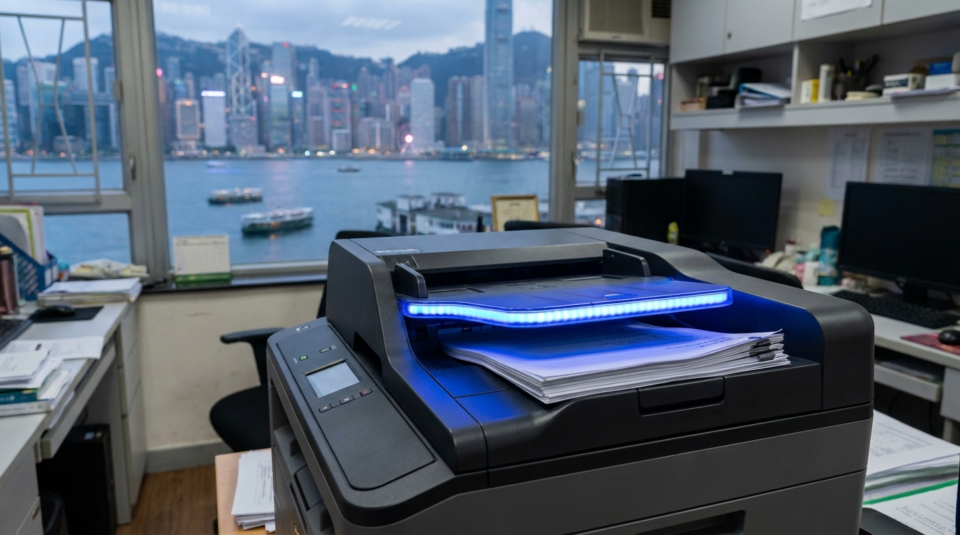 A sleek, modern multifunction printer in a compact Hong Kong office setting, highlighting the top document feeder with a glowing blue light indicating fast scanning, with a blurred background of Victoria Harbour out the window